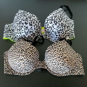 Victoria's Secret PINK Neon Trim Leopard Print Bras - Black/White & Tan 36C 2pk
